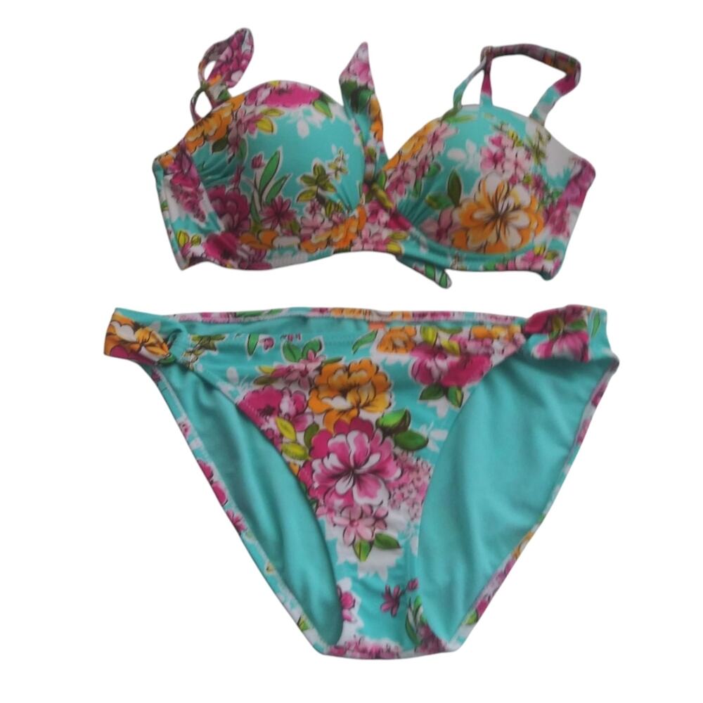 Leilani Floral Bikini Set Turquoise and Pink Push Up Top Vacation Tropical Sz 12